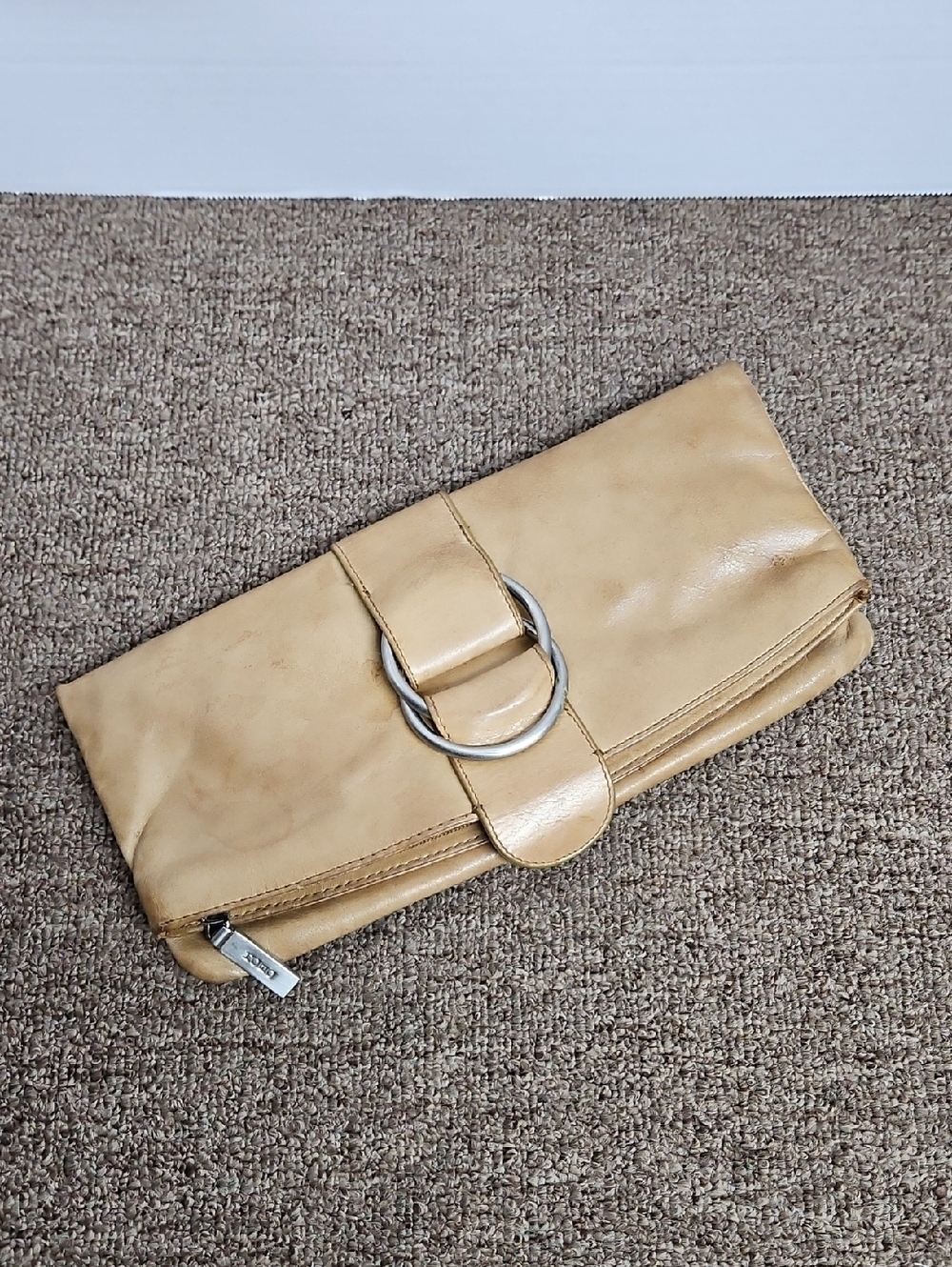Hobo Camel Fold Over Colored Leather Clutch Bag Silver Handware